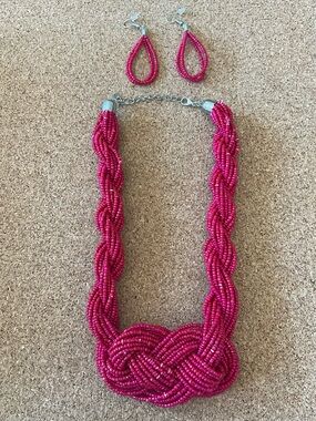 Vibrant distressed Pink Beaded Necklace and matching earrings.